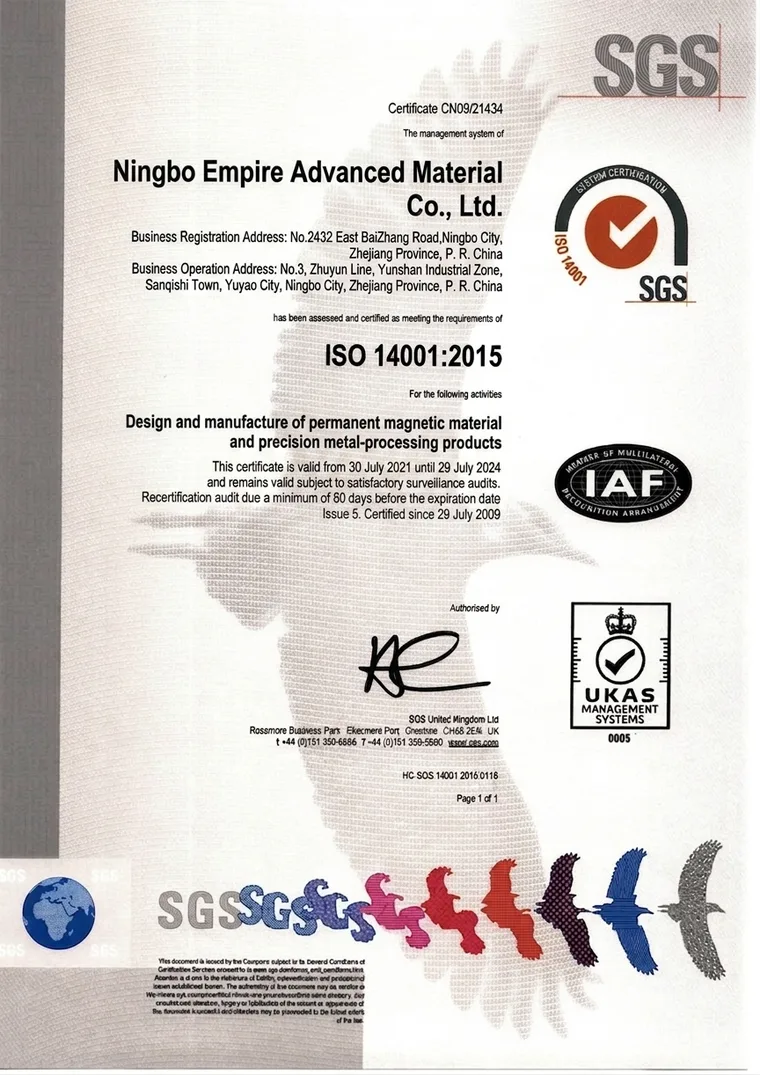 ISO 14001:2015 original certificate scan
