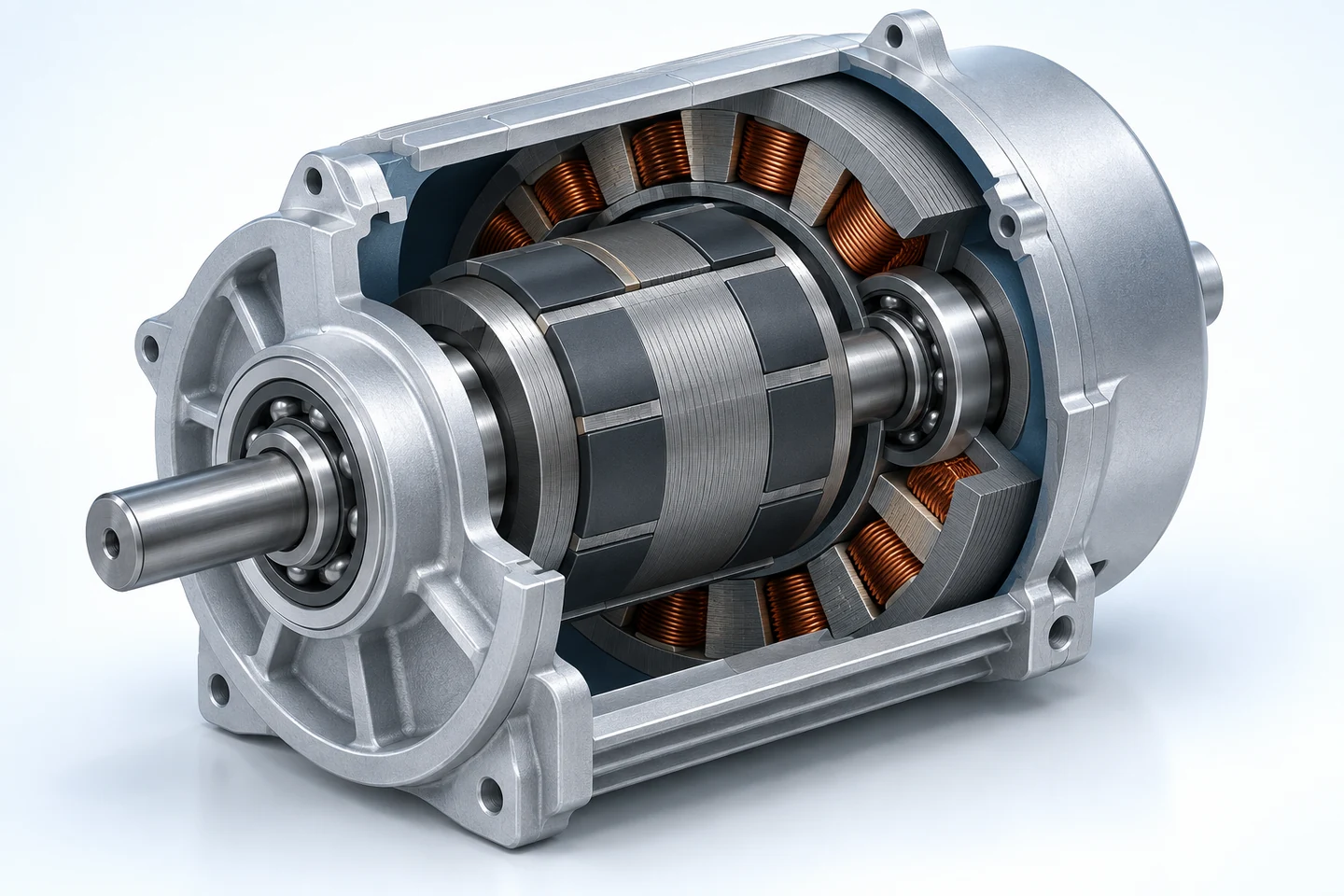 Illustrative cutaway of a permanent-magnet motor with rotor, stator and shaft