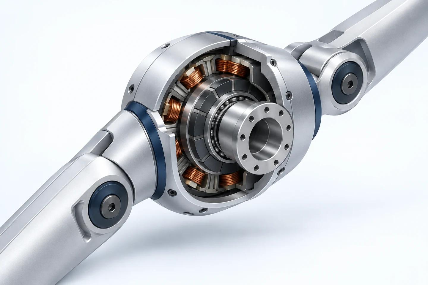 Conceptual section of a compact robotic joint showing motor and mechanical interfaces