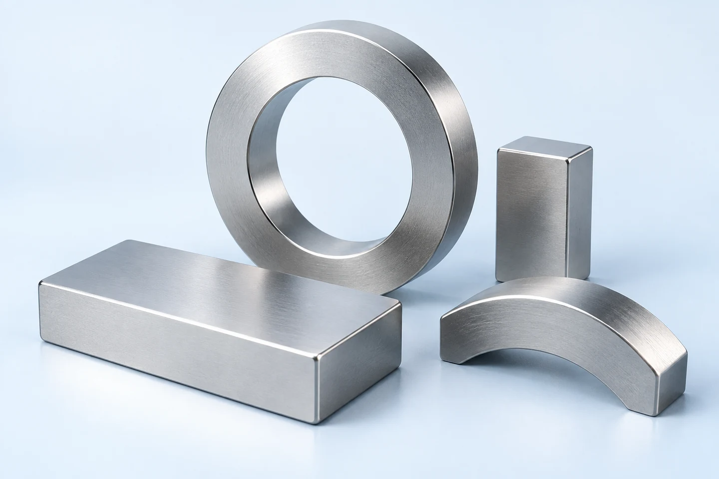 Precision ring, block and arc magnets in a metallic finish