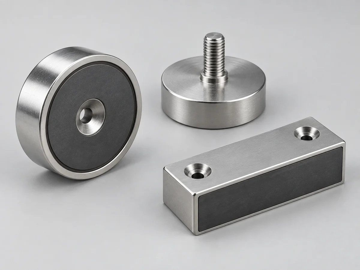 Illustrative render of a pot magnet, threaded mounting magnet and rectangular holding assembly