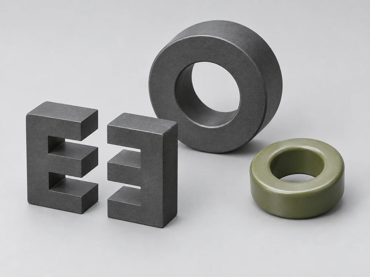 Illustrative render of ferrite E-core halves and toroidal soft magnetic cores